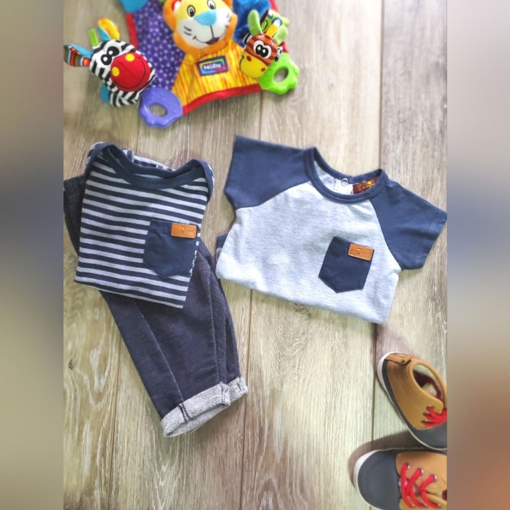 🇺🇲7 for All Mankind boys baby 3 pc outfit, distressed navy/ lt.blue 0-3M